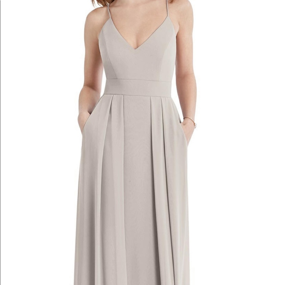 Dessy Pleated Skirt Crepe Maxi Dress with Pockets